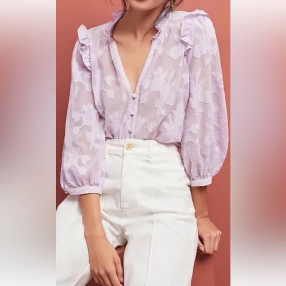 Anthropologie Maeve Mallory Semi-sheer lavender ruffled blouse